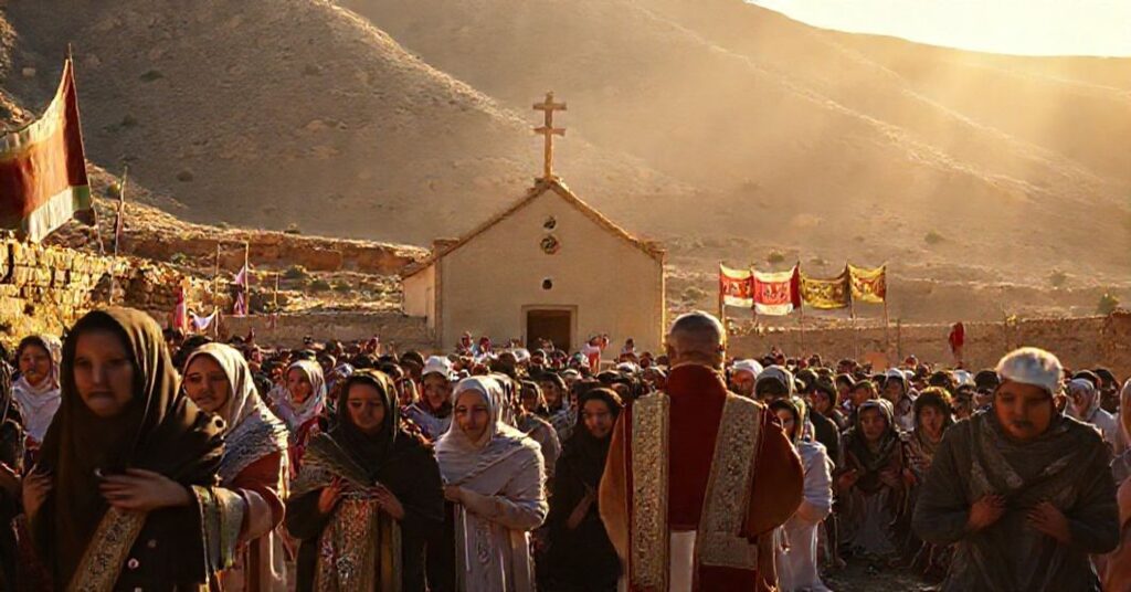 Catholic procession in Taybeh village with priest Bashar Fawadleh leading prayer before the Church of Saint George.
