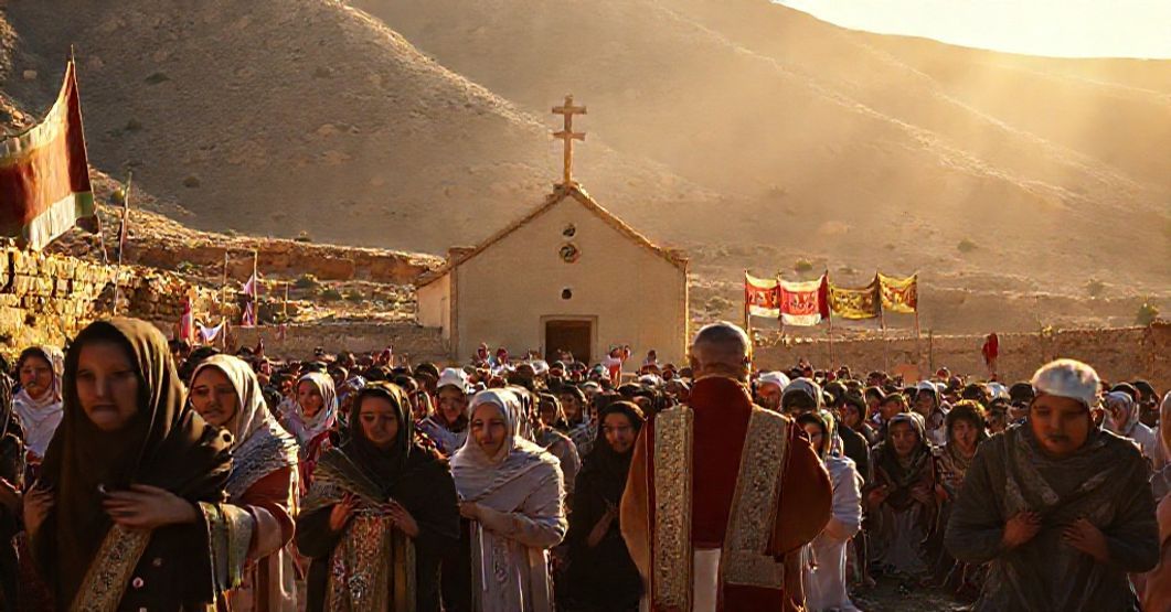 Catholic procession in Taybeh village with priest Bashar Fawadleh leading prayer before the Church of Saint George.