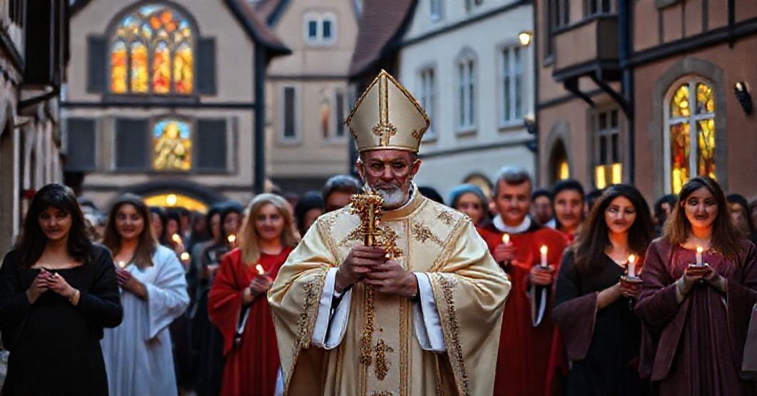 Catholic procession with bishop and laity praying the Rosary in a traditional European town