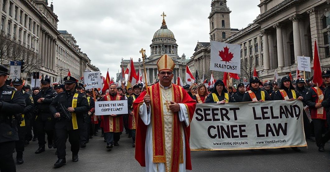 Catholic procession in Canada protesting government's attack on religious exemptions in hate speech laws
