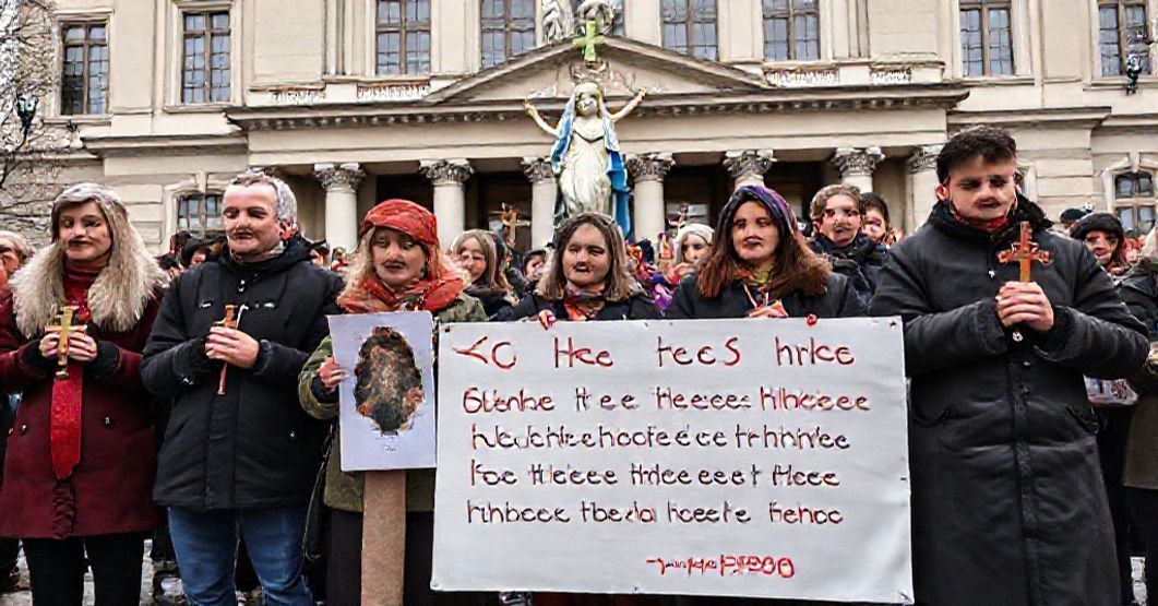 Catholic protesters rally against blasphemous Vienna exhibition featuring sacrilegious artworks like a crucified frog and transgender Virgin Mary.