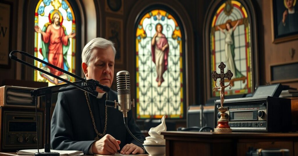 Traditional Catholic priest in vintage radio studio with Christ the King stained glass window, emphasizing supernatural mission of media.