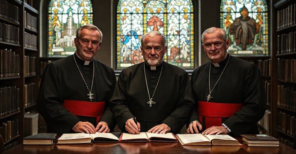 Three Catholic rectors in traditional clerical garb signing a letter promoting Polish-German reconciliation in a university library with historical books and stained-glass windows.