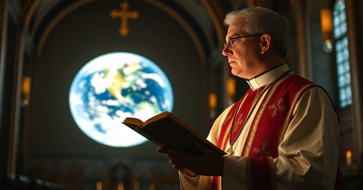 A Catholic priest in traditional vestments contemplates a cosmic image of Earth, reflecting on the theological errors of naturalistic humanism in the context of the Artemis II mission.