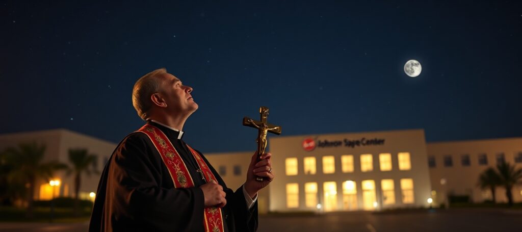 A Catholic priest in traditional vestments gazing at the night sky with a crucifix, symbolizing the absence of Christ's sovereignty in Artemis II astronauts' reflections.
