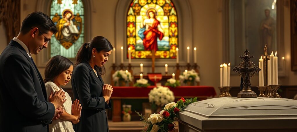 A Catholic family praying at a Requiem Mass for fallen soldiers, emphasizing the supernatural order and eternal judgment over secular Memorial Day activities.