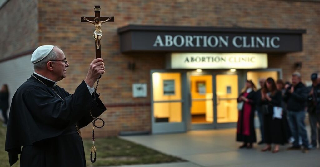 A traditional Catholic priest leads a prayer vigil outside a closed abortion clinic in Illinois, symbolizing resistance against the Conciliar Sect's legal compromises on abortion.