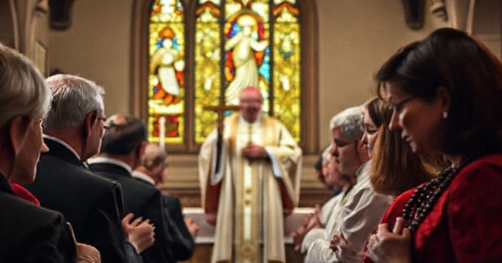 A Catholic bishop in full vestments stands at an altar holding a crucifix while a group of Catholics pray the rosary in a traditional church, resisting Scotland's Assisted Dying Bill.