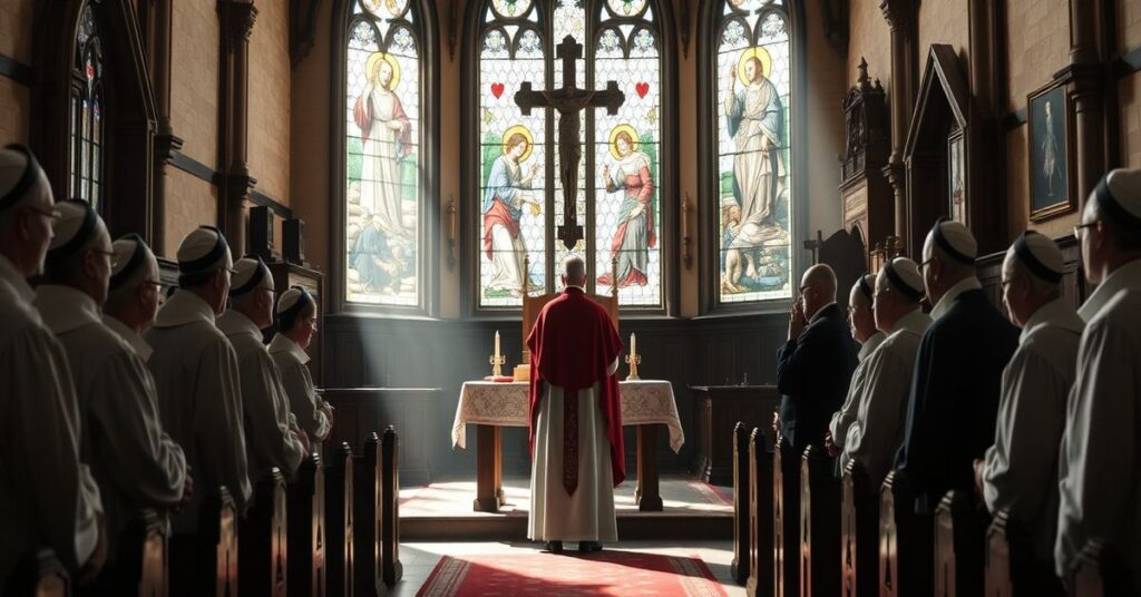 Traditional Catholic church interior contrasting with Anglican Archbishop of Canterbury, highlighting doctrinal differences and the need for fidelity to Catholic teaching.
