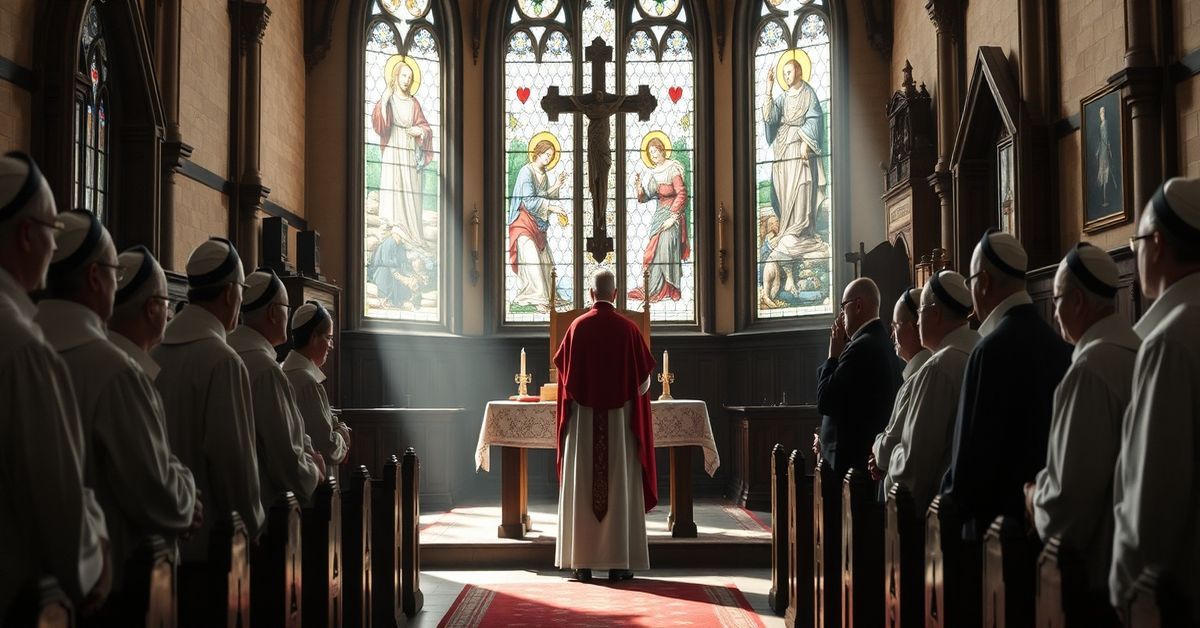 Traditional Catholic church interior contrasting with Anglican Archbishop of Canterbury, highlighting doctrinal differences and the need for fidelity to Catholic teaching.