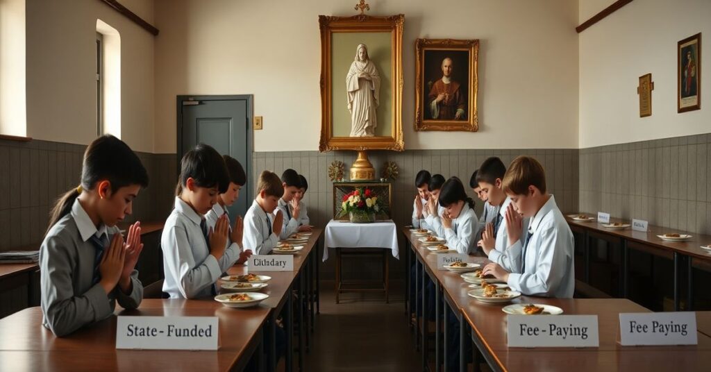 A traditional Portuguese Catholic classroom with students praying before a statue of the Sacred Heart, highlighting the moral dilemma of state-funded education compromising faith.