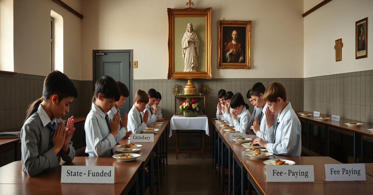 A traditional Portuguese Catholic classroom with students praying before a statue of the Sacred Heart, highlighting the moral dilemma of state-funded education compromising faith.