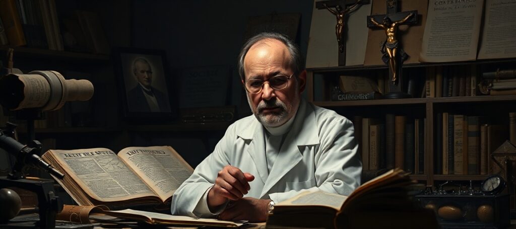 A traditional Catholic scientist in a study surrounded by theological texts and scientific instruments, symbolizing the conflict between true faith and modernist syncretism.