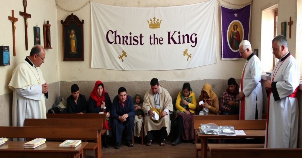Catholic priests and volunteers aiding migrants in a shelter with religious symbols and Christ the King banner.