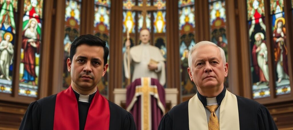 Aaron Dominguez and Victor McCrary standing in a grand Catholic chapel after being dismissed from the National Science Board