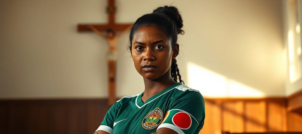 A Catholic soccer player in a chapel, conflicted between worldly glory and spiritual duty.