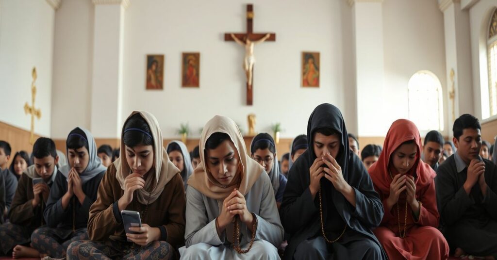 Catholic school students and faculty praying the Rosary during a crisis in a Middle Eastern setting, reflecting traditional Catholic values and reverence for Christ the King.