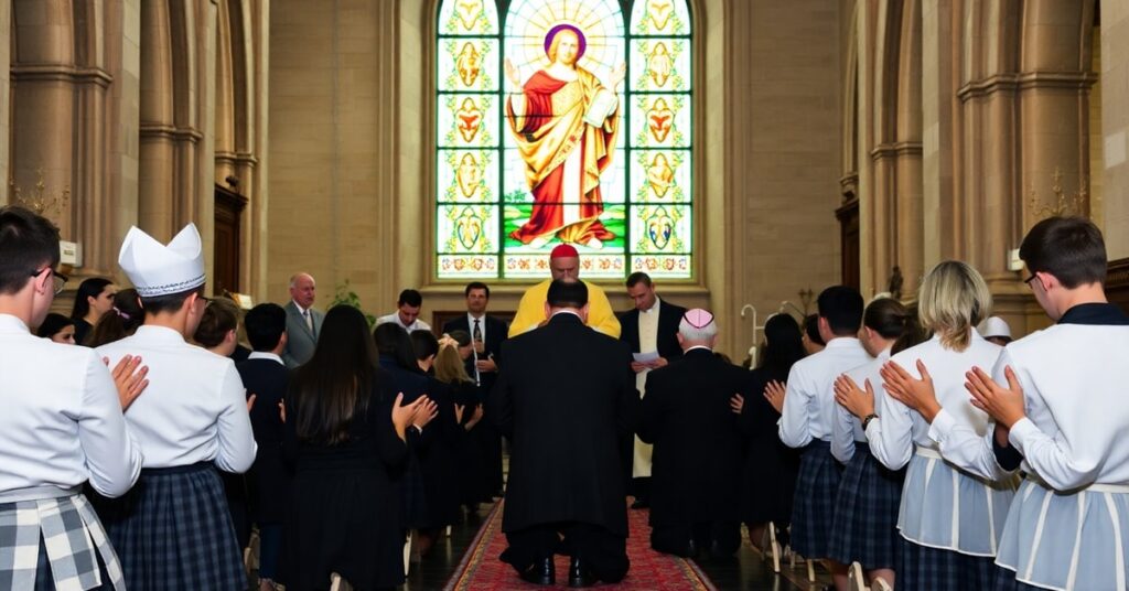 Catholic students kneeling in prayer in a historic church with bishops and priests in traditional vestments.