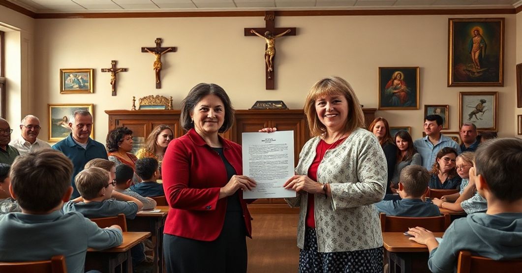 Catholic teachers Elizabeth Mirabelli and Lori Ann West hold a court document celebrating the restoration of parental rights in a traditional classroom setting.