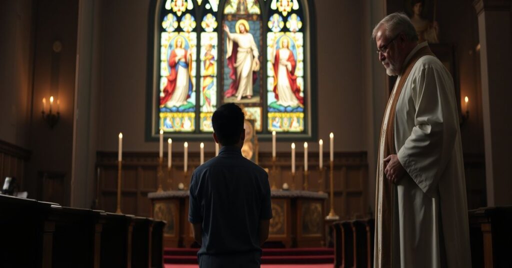 A Catholic teen praying in a traditional church setting with Father Jim Kean observing in the background.
