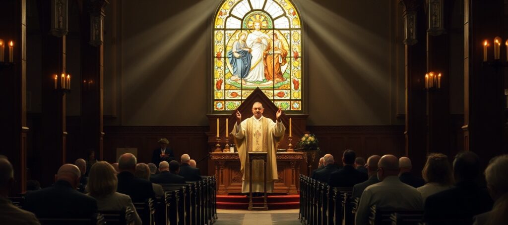Traditional Catholic church interior with priest at altar holding monstrance, parishioners in prayer, depicting reverence for the Holy Trinity.