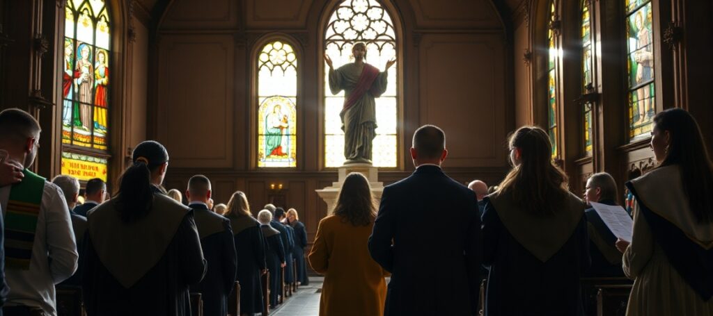 Students in a Catholic university chapel kneeling before Christ the King statue, emphasizing the supernatural mission and Kingship of Jesus.