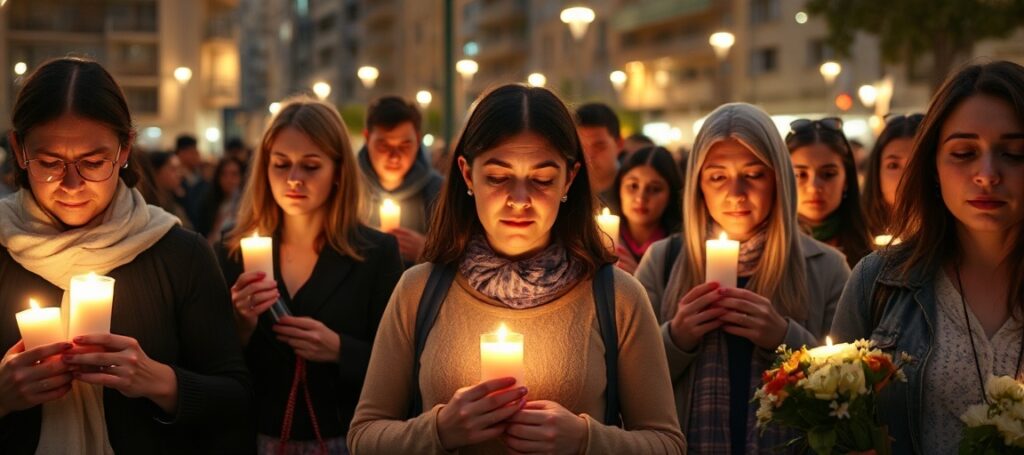 Faithful Catholics gather for a prayer vigil in Barcelona to oppose Noelia's euthanasia, holding candles and rosaries in a solemn act of resistance against the culture of death.