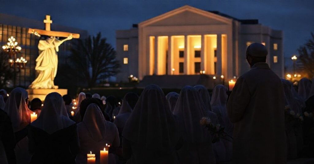 A solemn Catholic prayer vigil with faithful kneeling before Christ the King statue, remembering aborted children as a priest leads prayers for repentance.