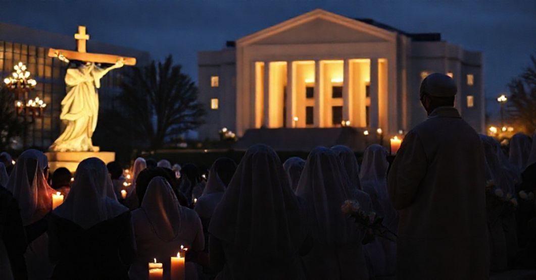 A solemn Catholic prayer vigil with faithful kneeling before Christ the King statue, remembering aborted children as a priest leads prayers for repentance.