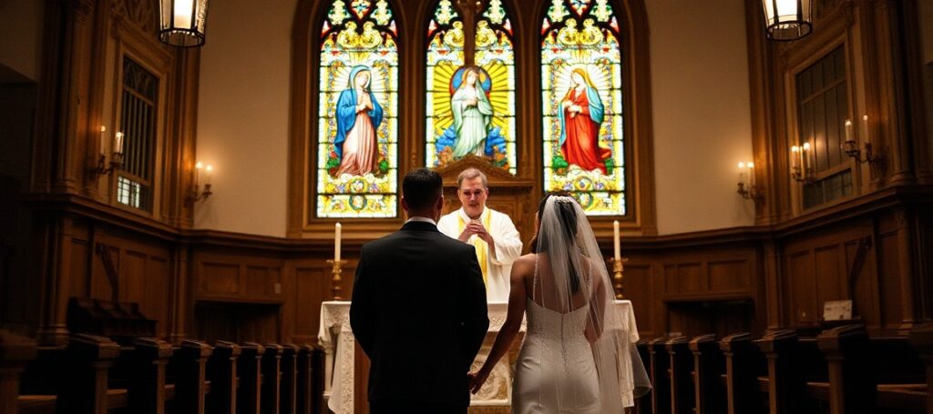 A Catholic couple during a traditional Latin Mass wedding, photographed by Allison Girone, with the priest elevating the Host in a reverent church setting.