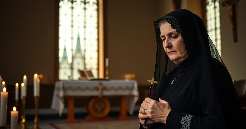 A Catholic widow in prayer before the traditional Latin Mass altar, representing spiritual widowhood and the loss of true Catholic traditions
