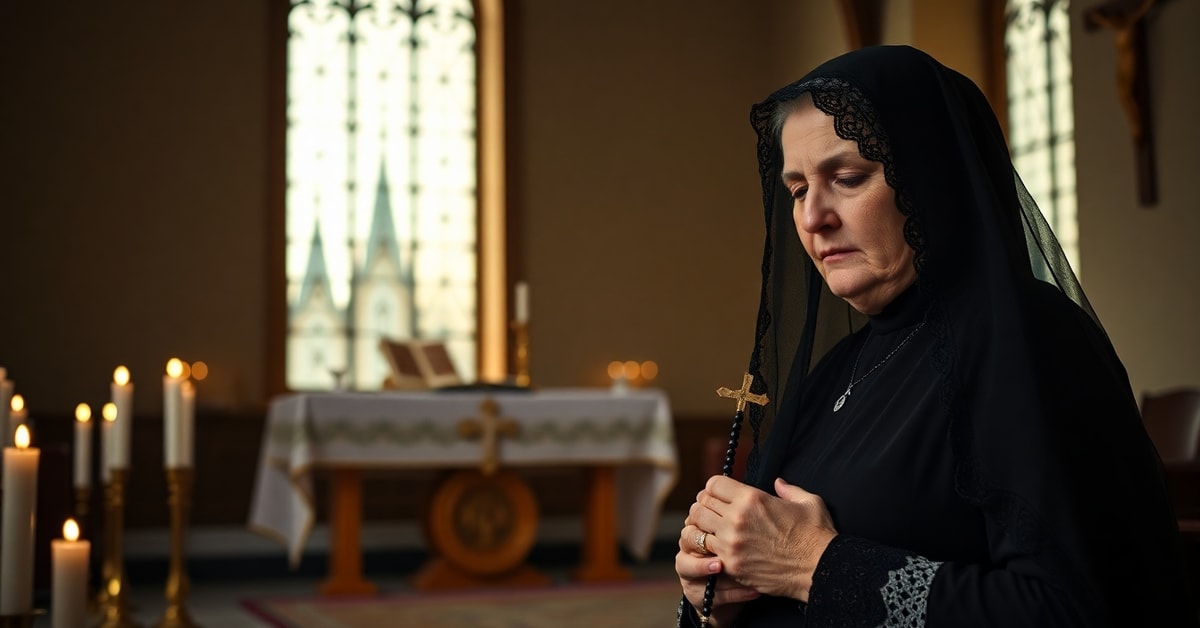 The Widow's Lament: A Catholic Perspective on Spiritual Widowhood A Catholic widow in prayer before the traditional Latin Mass altar, representing spiritual widowhood and the loss of true Catholic traditions