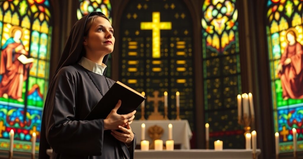 A Catholic woman in traditional attire stands solemnly in a church, contrasting with a dark AI server farm in the background.