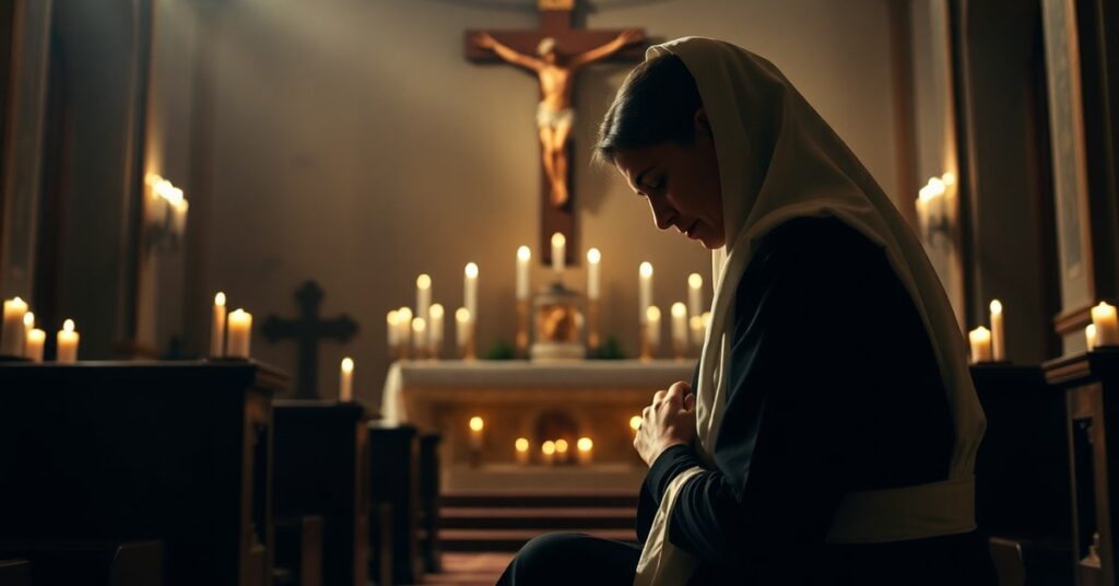 Catholic woman in prayerful reverence contrasts true Marian vocation with GIVEN Institute's false leadership ideals