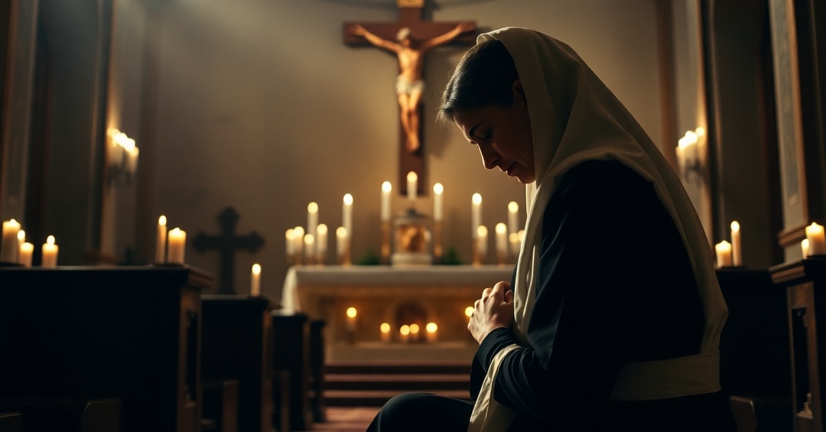 Catholic woman in prayerful reverence contrasts true Marian vocation with GIVEN Institute's false leadership ideals