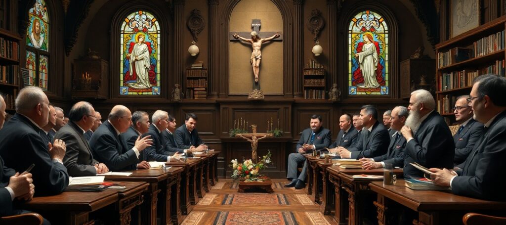 A traditional Catholic conference hall with scholars debating social doctrine under stained-glass windows depicting Christ the King.