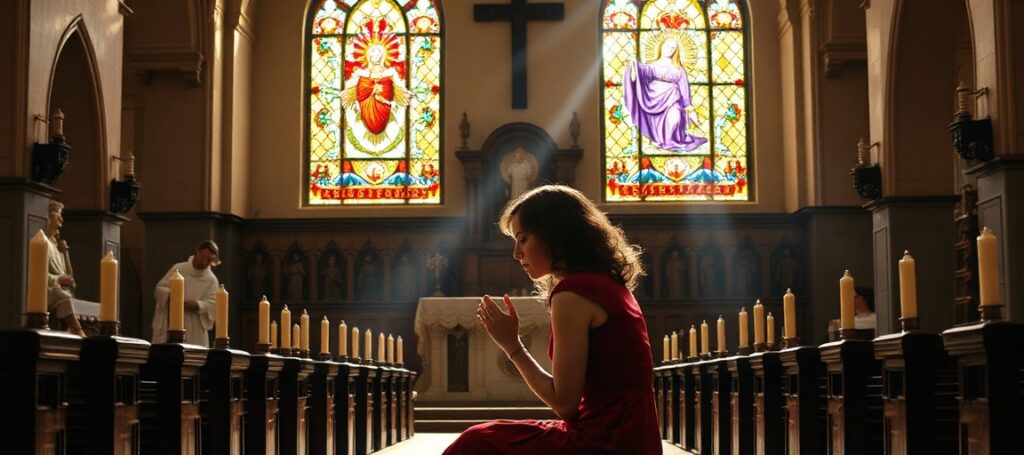 Cathy Moriarty praying in a traditional Catholic church with pre-conciliar elements.