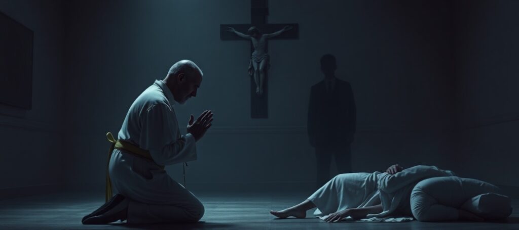A grieving father prays before a crucifix as euthanasia is administered to his daughter in a sterile medical setting.