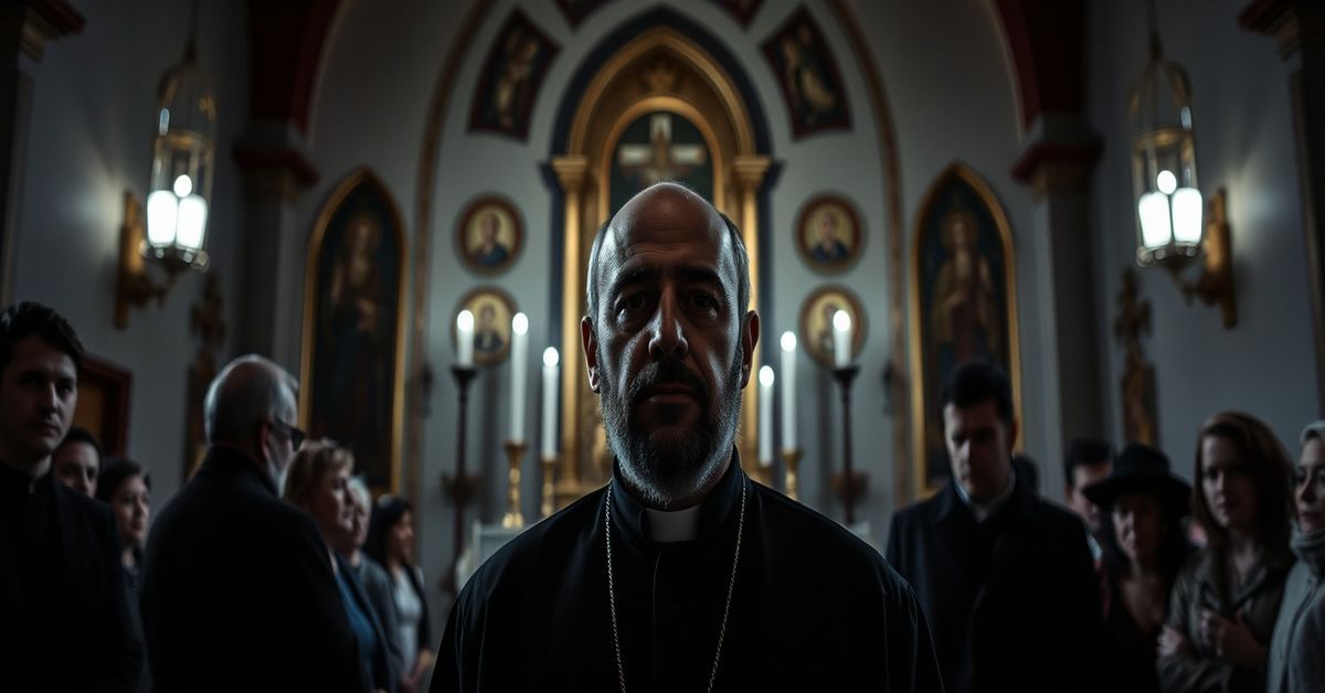 Portrait of Chaldean “bishop” Emanuel Shaleta standing before an Eastern Catholic altar in San Diego, reflecting guilt and betrayal amid dim candlelight.