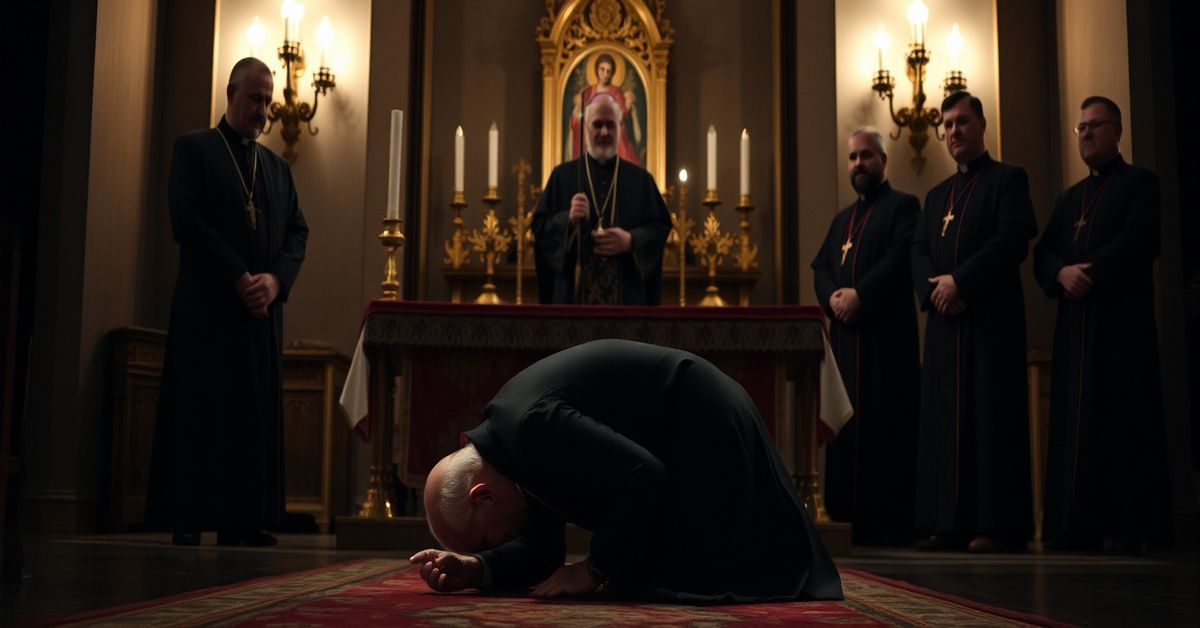 Chaldean Bishop Emanuel Shaleta kneeling in a dimly lit church, symbolizing the moral and theological collapse of the conciliar sect.