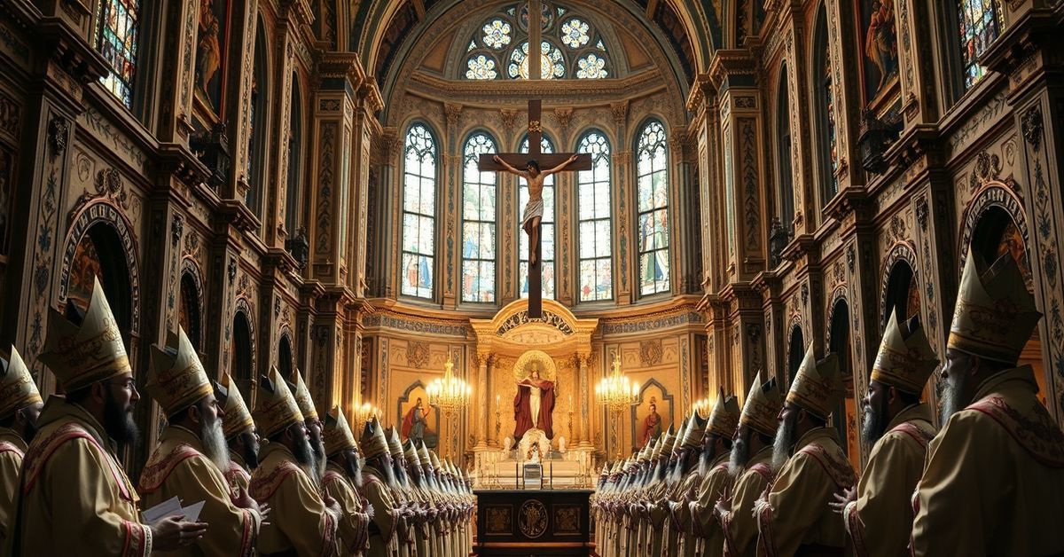 Chaldean bishops in traditional vestments voting for a new patriarch in a grand cathedral with a prominent crucifix.