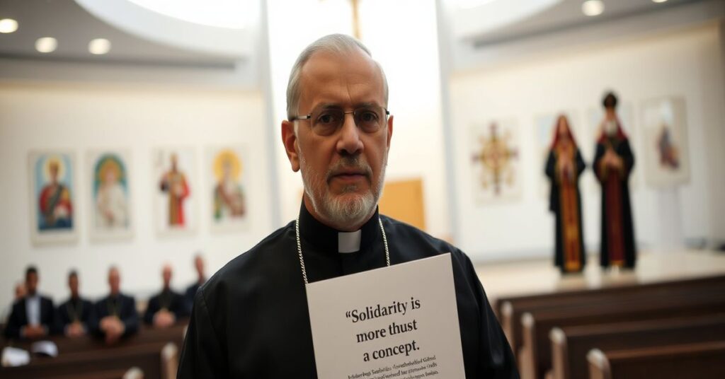 Portrait of Archbishop Bashar Warda surrounded by ecumenical symbols and humanitarian aid materials in a modern church setting.
