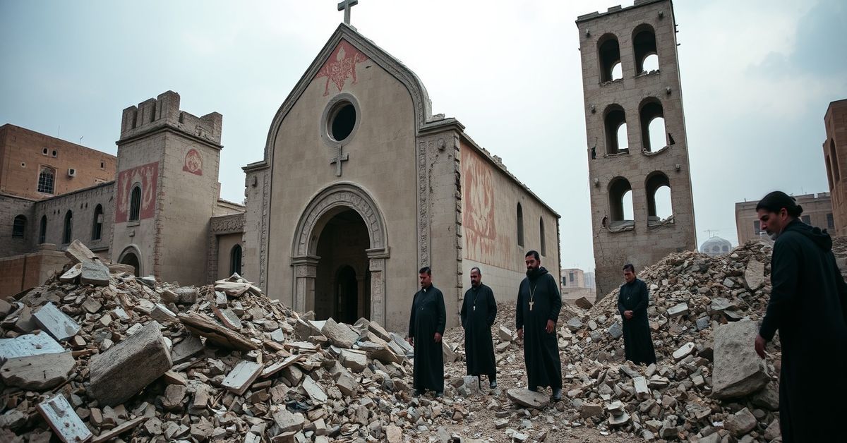 Damaged Chaldean Church building in Erbil, Iraq, with distressed Christians including Dilan Adamat amidst rubble after missile strikes.