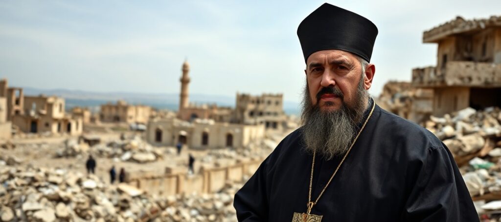 Chaldean Patriarch Paul III Nona stands solemnly before a war-torn Middle Eastern landscape, reflecting the spiritual crisis of the post-conciliar Church.