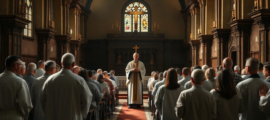 A solemn Catholic church interior with Charismatic Renewal members in prayer, contrasting traditional worship with modernist innovations.