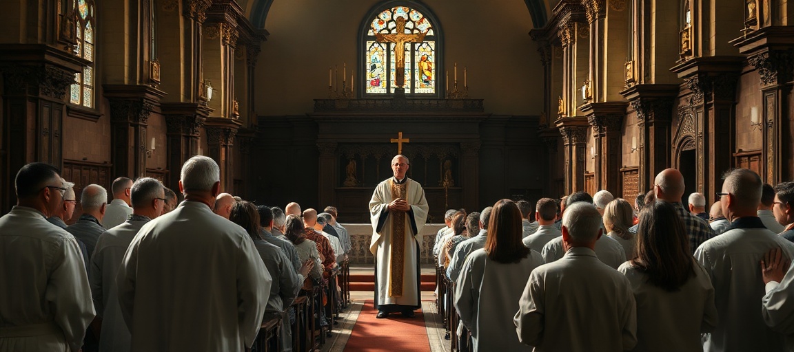 A solemn Catholic church interior with Charismatic Renewal members in prayer, contrasting traditional worship with modernist innovations.