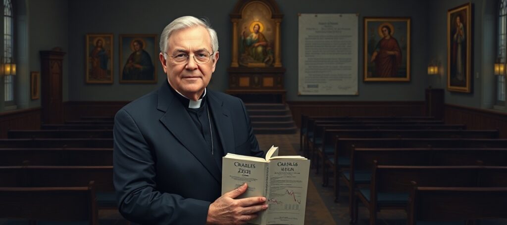 Portrait of Charles Zech in a business office with conciliar chapel background, symbolizing the corporate management of the Church.