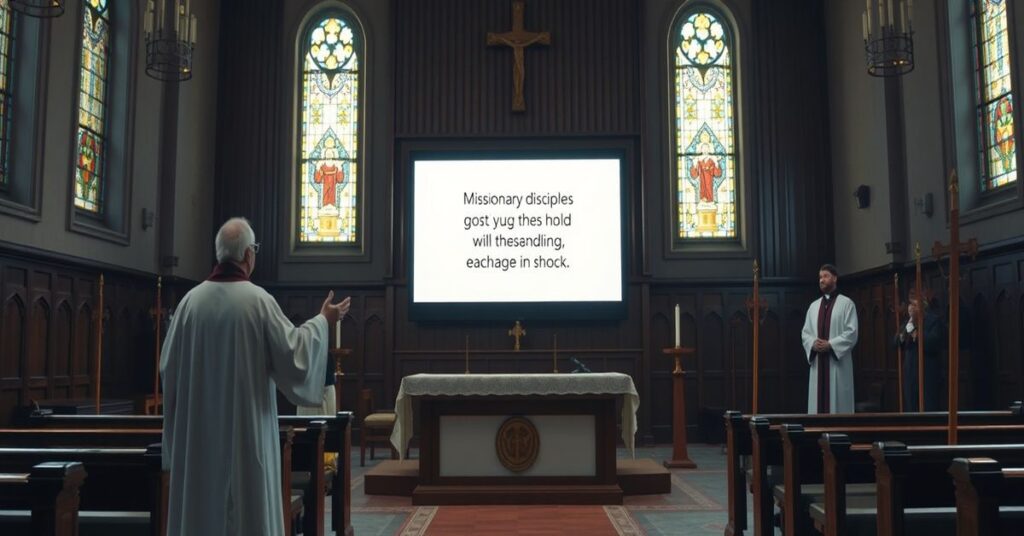 An empty traditional Catholic church interior with a modernist video screen displaying a vague evangelization message.