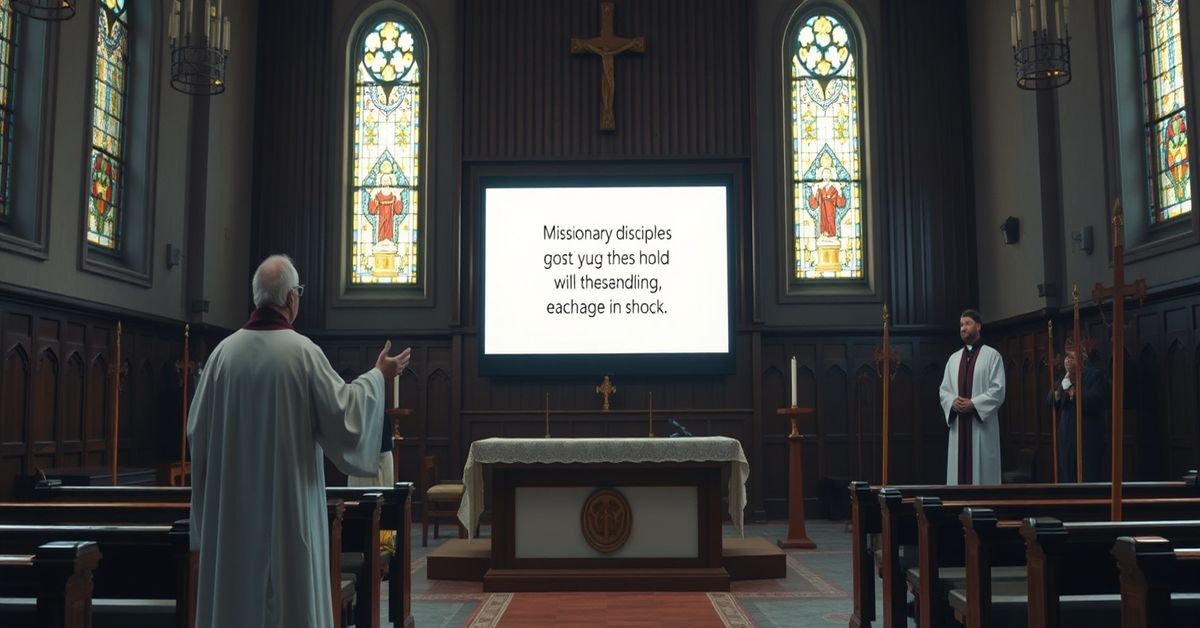 Theological Confusion in Charlotte Diocese - Modernist "Evangelization" An empty traditional Catholic church interior with a modernist video screen displaying a vague evangelization message.