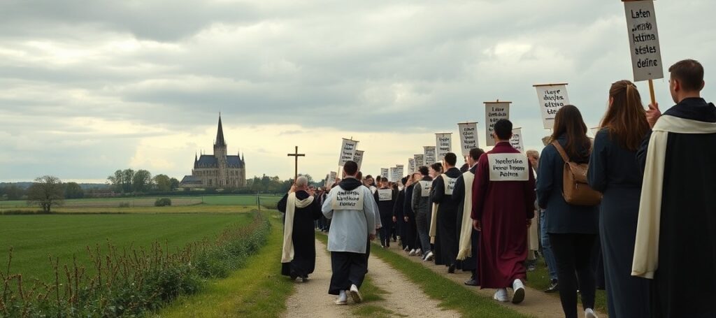 Young Catholics participating in the Chartres pilgrimage walk toward Chartres Cathedral under an overcast sky, symbolizing the deceptive nature of neo-Catholicism.